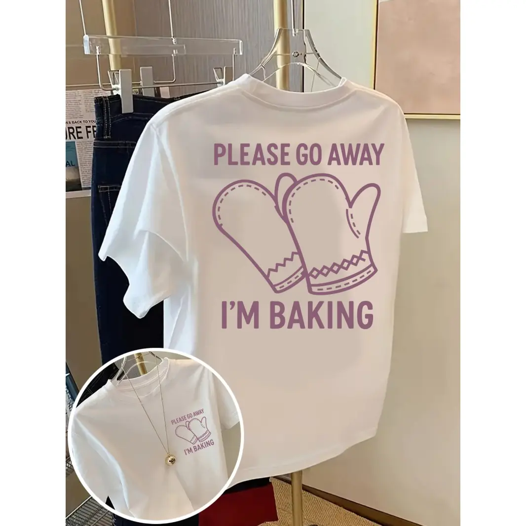 Womens Funny Baking Graphic Tee Cotton Short Sleeve T Shirt Cute Oven Mitts Please Go Away Im Baking Casual Summer Top For Bakers Kitchen Lovers Gift