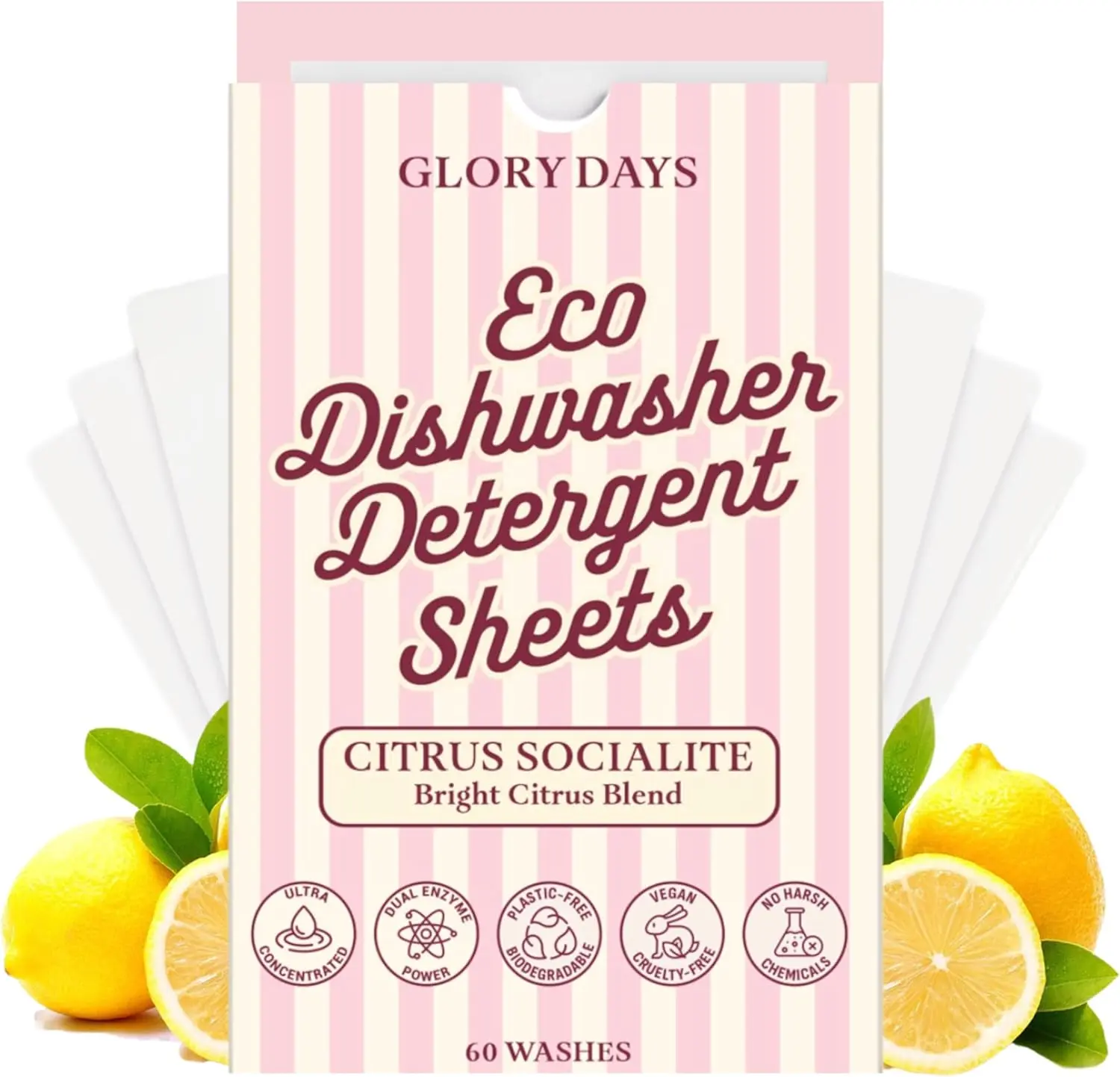 Glory Days Eco Dishwasher Sheets Citrus Socialite - Bright Citrus Blend Dual Enzyme Plastic-Free Vegan Up to 60 Washes Ultra Concentrated Detergent