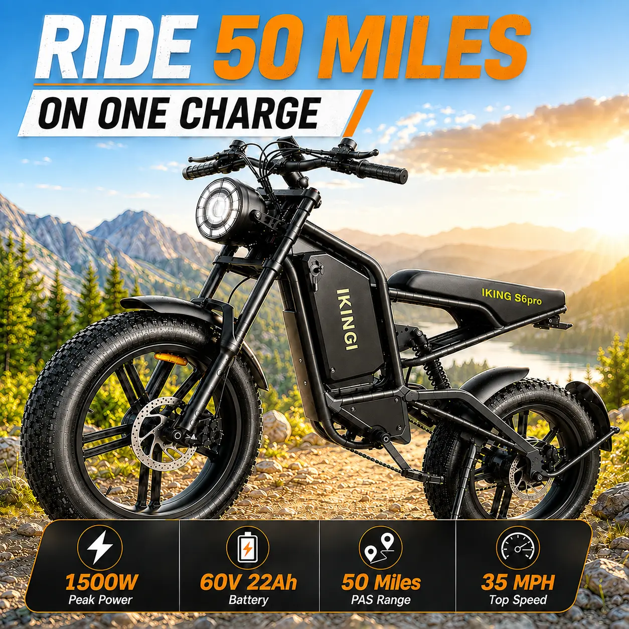 Adults' UL-Certified Electric Bike for Commuter Ride, 1500W Peak Power, 60V 22Ah Removable Battery, 35MPH, 20×4.0 Fat Tires, All-Terrain, 50-mi Range, Full Susp., Hydraulic Disc Brakes, 7-Speed tiktokshopbacktoschool