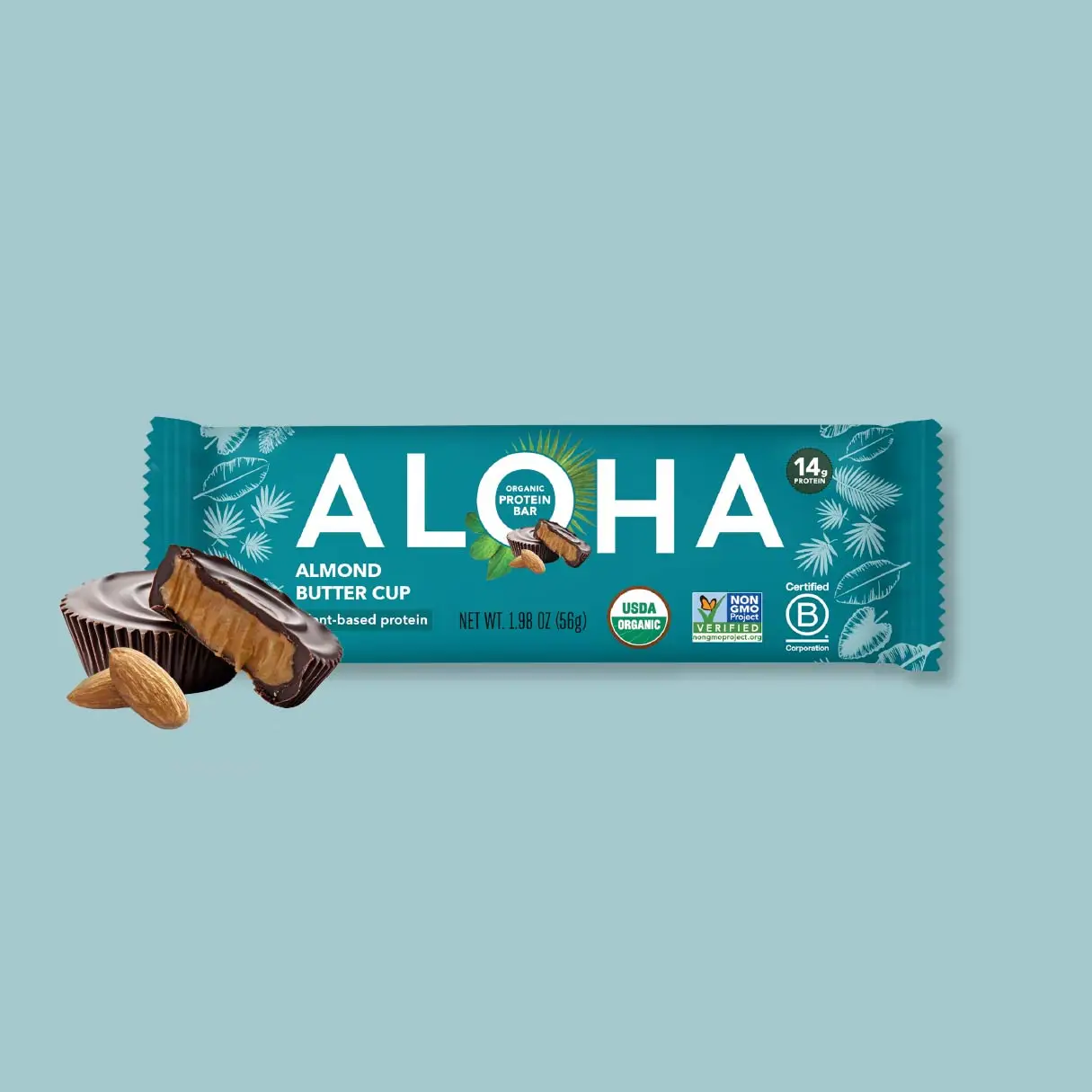 ALOHA New! Almond Butter Cup Protein Bars - 12 Bars - Certified USDA Organic - 100% Plant-Based - 14g Of Protein - Only 3-5g of Real Sugar - Certified