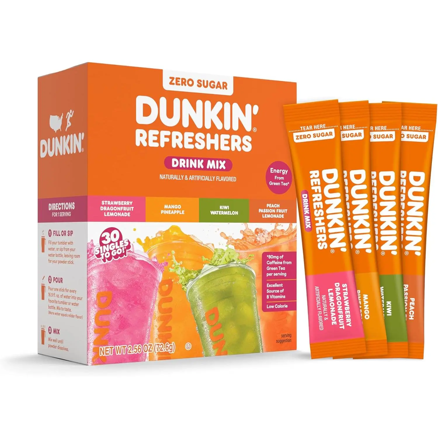 Dunkin’ Refreshers Singles To Go! Zero Sugar Powdered Drink Mix, 30 Ct Variety Pack, Energy from Green Tea, Aspartame-Free, No Synthetic Colors, 30 Single-Serve Packets, Just Add Water