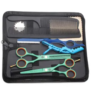 Purple Dragon 5.5 inch Hair Cutting Scissors Set, Barber Haircut Kit with Razor, Leather Scissors Case, Barber Hair Cutting Shears Hair Thinning/Texturizing Shears for Professional Hairdresser or Home Use (Blue)