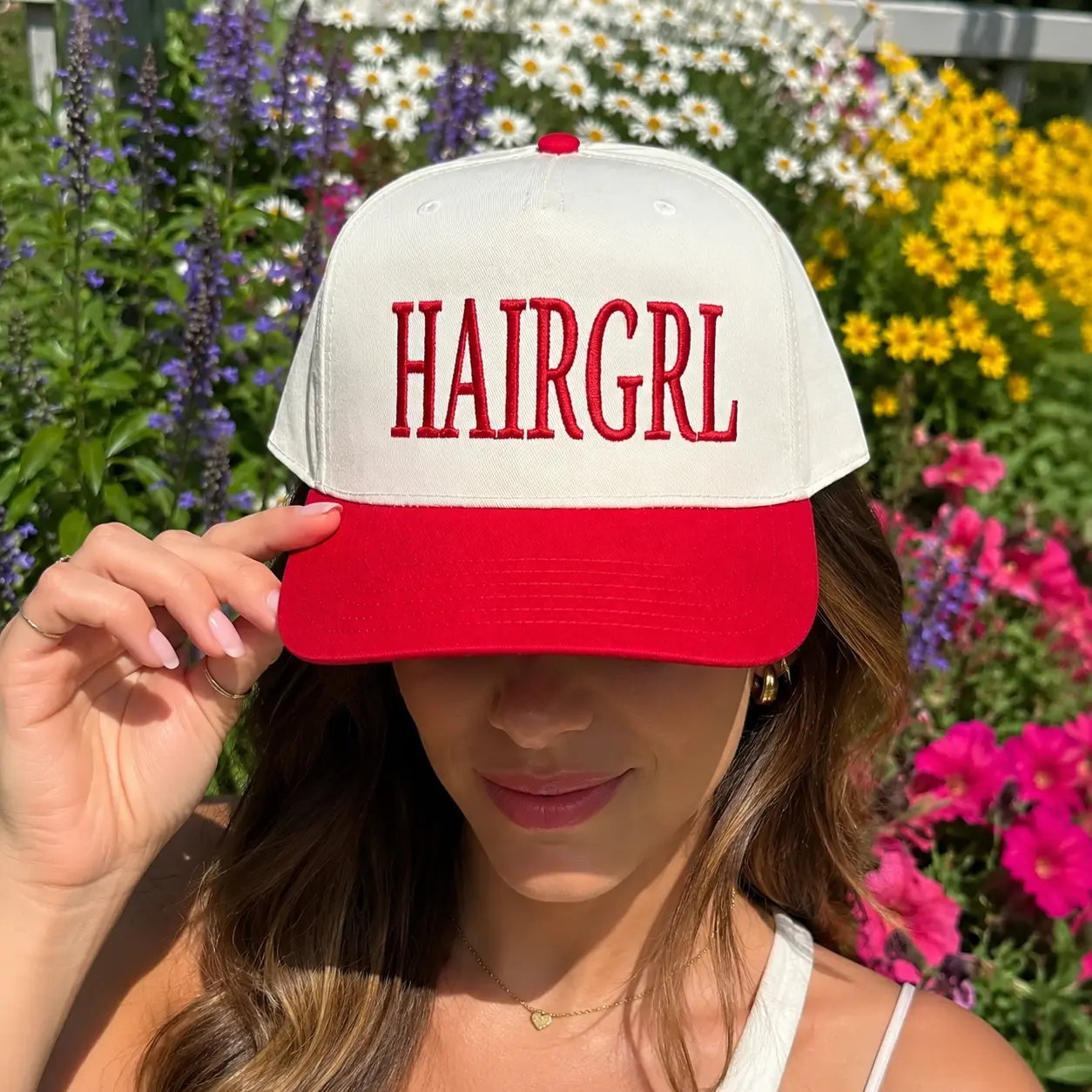 HAIRGRL Embroidered Baseball Hat, Hair Stylist Cap, Red White Two Tone Dad Hat, Salon Owner Gift, Hairstylist Barber Cosmetology Gift for Women