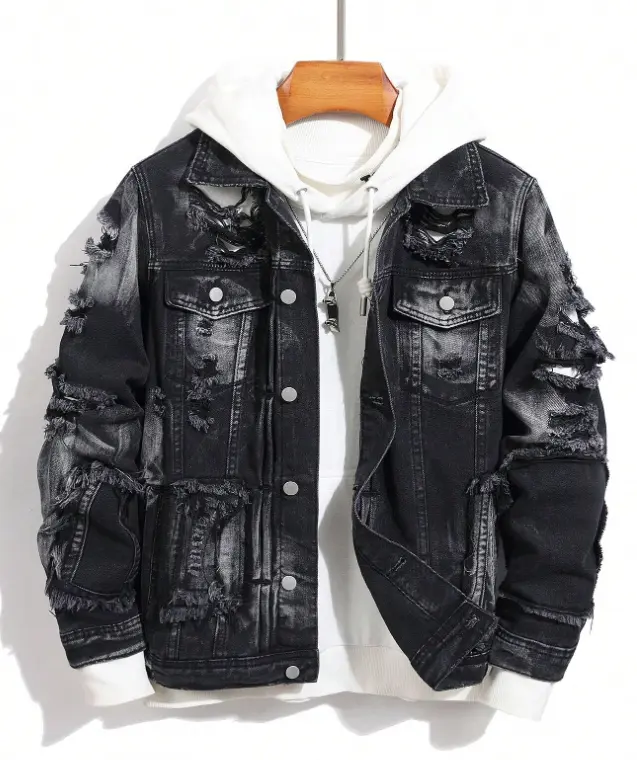 Men's Classic Distressed Denim Trucker Coat - Ripped Vintage Acid-Wash Streetwear Jacket with Pocket, Menswear Essential
