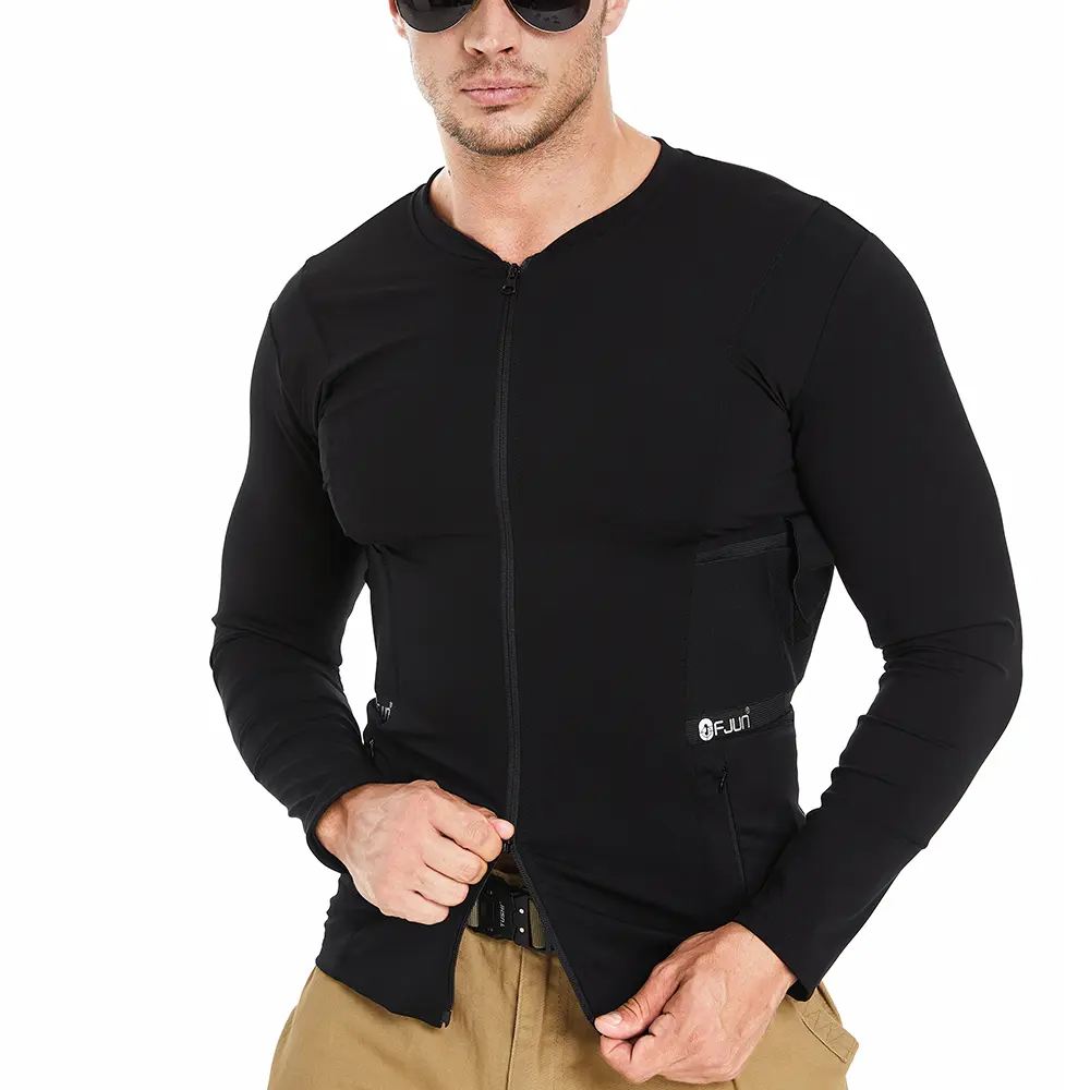 Men's Conceal Carry Compression Shirt - Long Sleeve Nylon Spandex Crew Neck Tactical Undershirt, Casual Plain Design, Ambidextrous Holsters, Magazine Pocket, Excellent Support, Xxl, Male, Fitted, Concealed Carry, Magazine Pockets, Elastane, Tactical Wear,