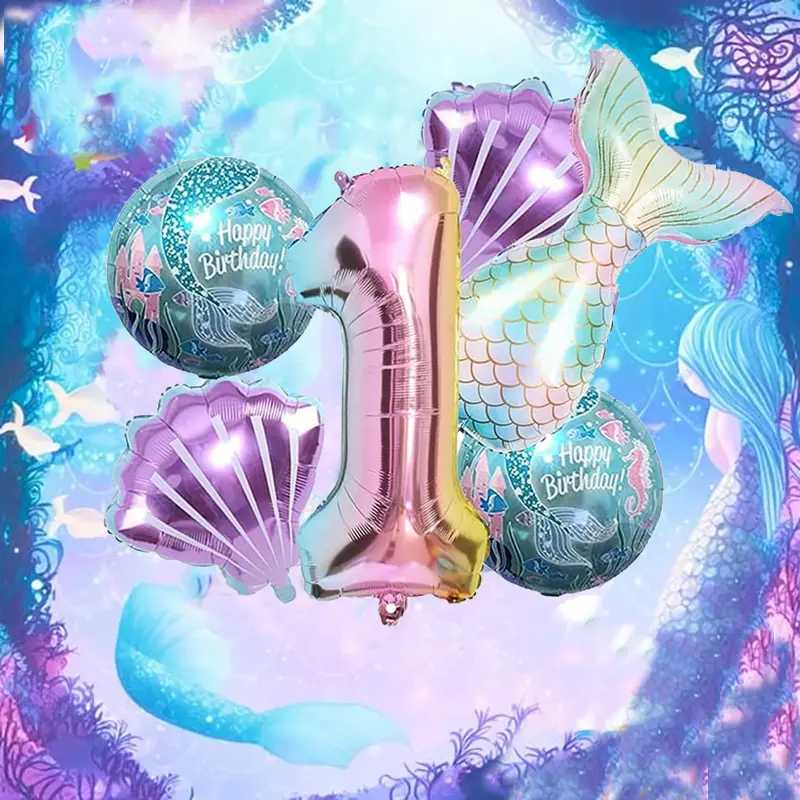6pcs Mermaid Tail Digital Balloon Set with Mermaid Theme Birthday Party Girl Photo Booth Photo Decoration Balloon Set 2 balloon  stack