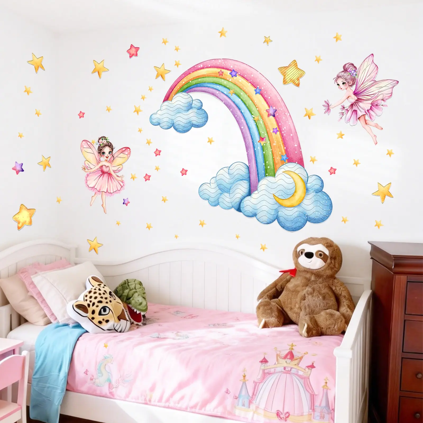 2Pcs 30x90cm Cartoon Girl Dreamy Pink Rainbow Elf 2D Matte Decorative Wall Sticker for Home Decoration Bedroom Decor