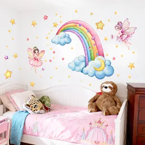 2Pcs 30x90cm Cartoon Girl Dreamy Pink Rainbow Elf 2D Matte Wall Sticker for Home Decoration
