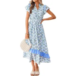 Mntaor Women's Sky Blue Floral Ruffle Flutter Sleeve Maxi Dress Ideal for Date Nights Garden Parties Weekend Getaways Trendy Cottagecore Romantic Aesthetic Soft Breathable Material Casual Womenswear