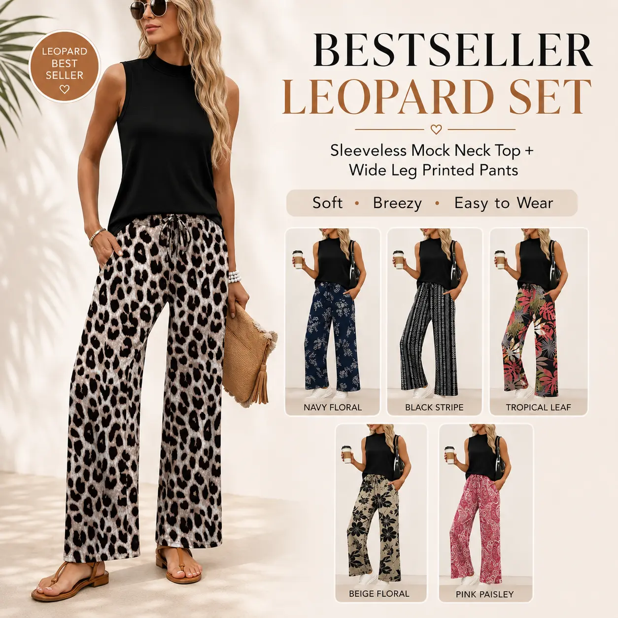 OFEEFAN Two Piece Set for Women Summer Spring Outfits Cruise Travel Airport Beach Vacation Mock Neck Wide Leg Pants Set Womenswear OFEEFAN Two Piece Set for Women Summer Spring Outfits Cruise Travel Airport Beach Vacation Mock Neck Wide Leg Pants Set Womenswear