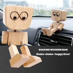 Handmade Funny Shaking Wooden Man Figurine for Car Dashboard, Wood Desktop Decor & Car Ornament with 12PCS Magnetic Expressions, Shak Feet Woodens Doll