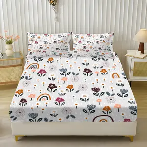 3pcs Bedding Set Base with Colorful Flowers Leaves Rainbow Pattern, Kids Room or Cozy Bedroom, Includes Fitted Sheet and Pillowcases