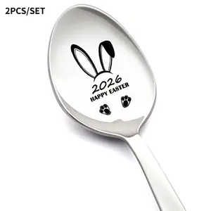 2pcs Custom Engraved Stainless Steel Spoon Thick Long Handle Durable Dinner Spoon Suitable For Dining Table Ideal Gift For Relatives And Friends Perfect For Family Friends Easter Weddings And Birthdays