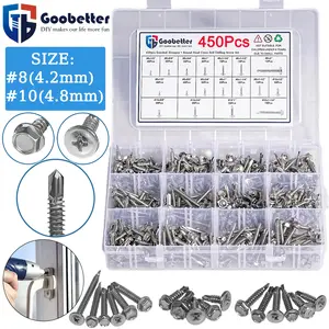 450Pcs Self Drilling Screws Assortment Kit, 410 Stainless Steel Self Tapping Sheet Metal TEK Screws, #8 1/2" 3/4" #10 1" 1-1/4", Hexagonal and flat head