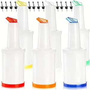 6 Pack Plastic Juice Pour Bottles with 12 Stainless Steel Bottle Pourer, 34OZ Plastic Juice Dispensers for Bar Home Kitchen Party Supplies