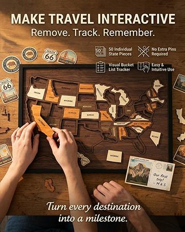 Map puzzle, wooden U.S. travel map puzzle, anniversary gift, children's geography puzzle, or perfect holiday gift for couples and families, record your journey, memory making, home decor, unique traveler gift, best Mother's Day gift