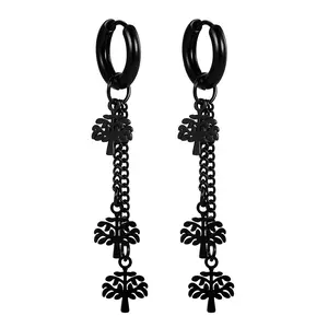 OIDEA Tree of Life Tassel Chain Hoop Earrings Stainless Steel Hip Hop Gothic Drop Hoops for Men Women Hypoallergenic Black