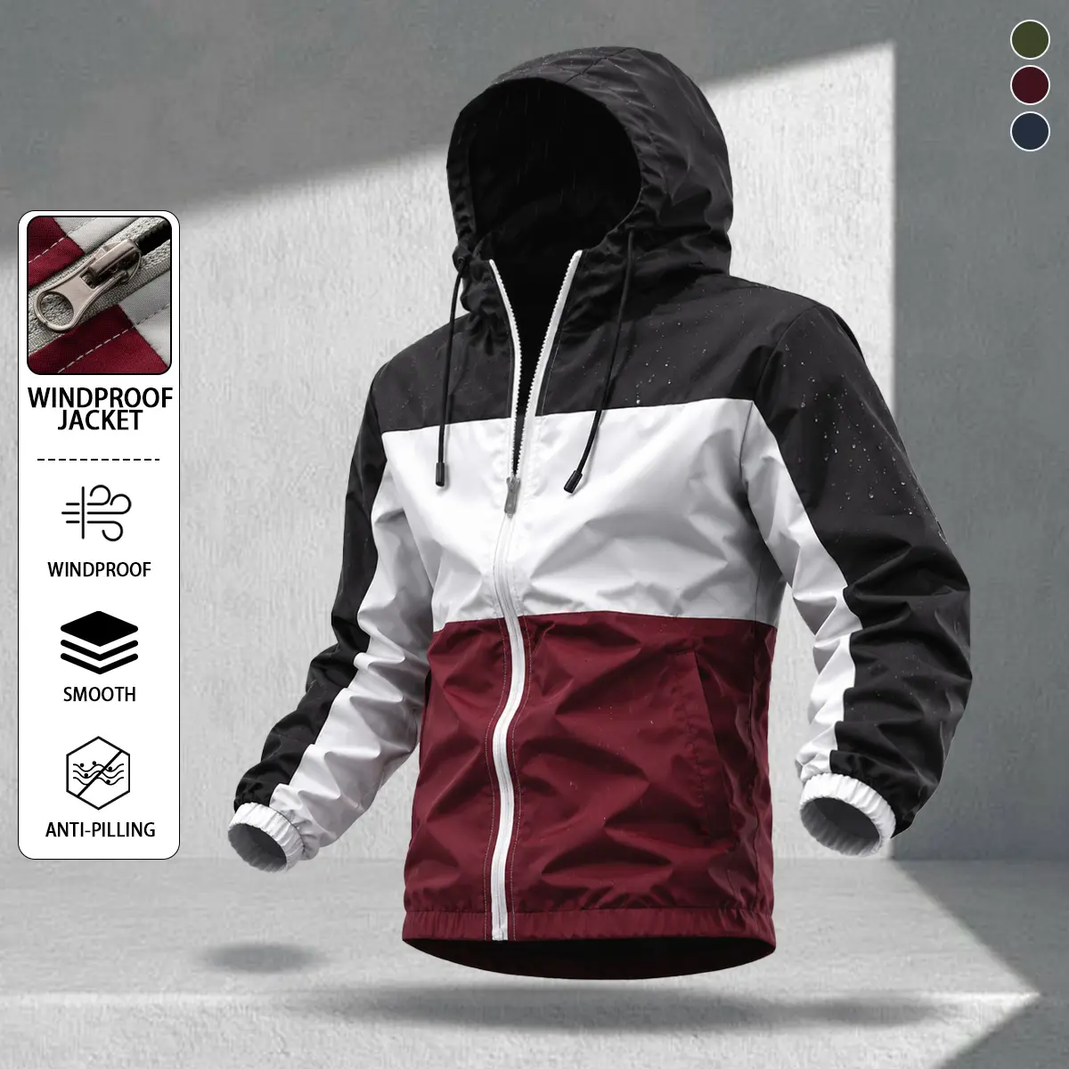 Men’s three-tone colorblock hooded windbreaker jacket, American casual contrast-color outerwear for spring/autumn, trendy workwear top, youth drawstring zip cardigan, suitable for everyday commuting, wear-resistant, water-repellent, available in multiple