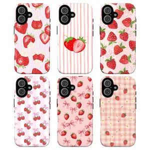 Cute Strawberry Pattern Tough Phone Case, Aesthetic Pink Phone Cover for Girls, aesthetic protective, checker, stripes case