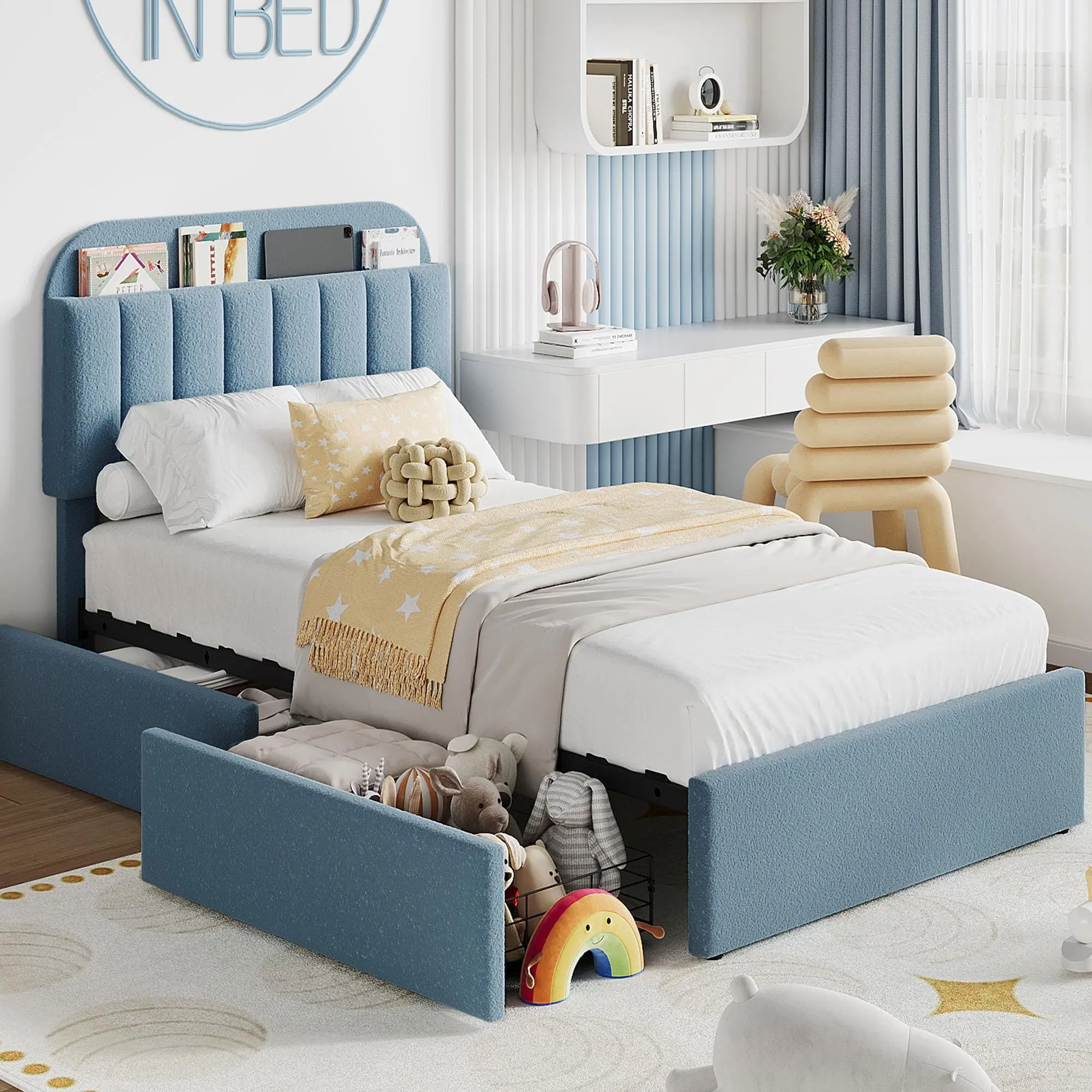 Blue Twin Size Framed Rectangular Boucle Fabric Platform Bed Frame with Storage Headboard, 2 Flexible Drawers, Stable Noise-Free Design, No Box Spring Needed, Easy Assembly for Kids