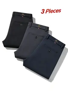 Three-Pack Men's High-Stretch Straight-Fit Business Pants, Wrinkle-Resistant Non-Iron Breathable Polyester, Multiple Colors, Perfect for Office, Commute & Casual Wear, Stylish Versatile Formal Trousers