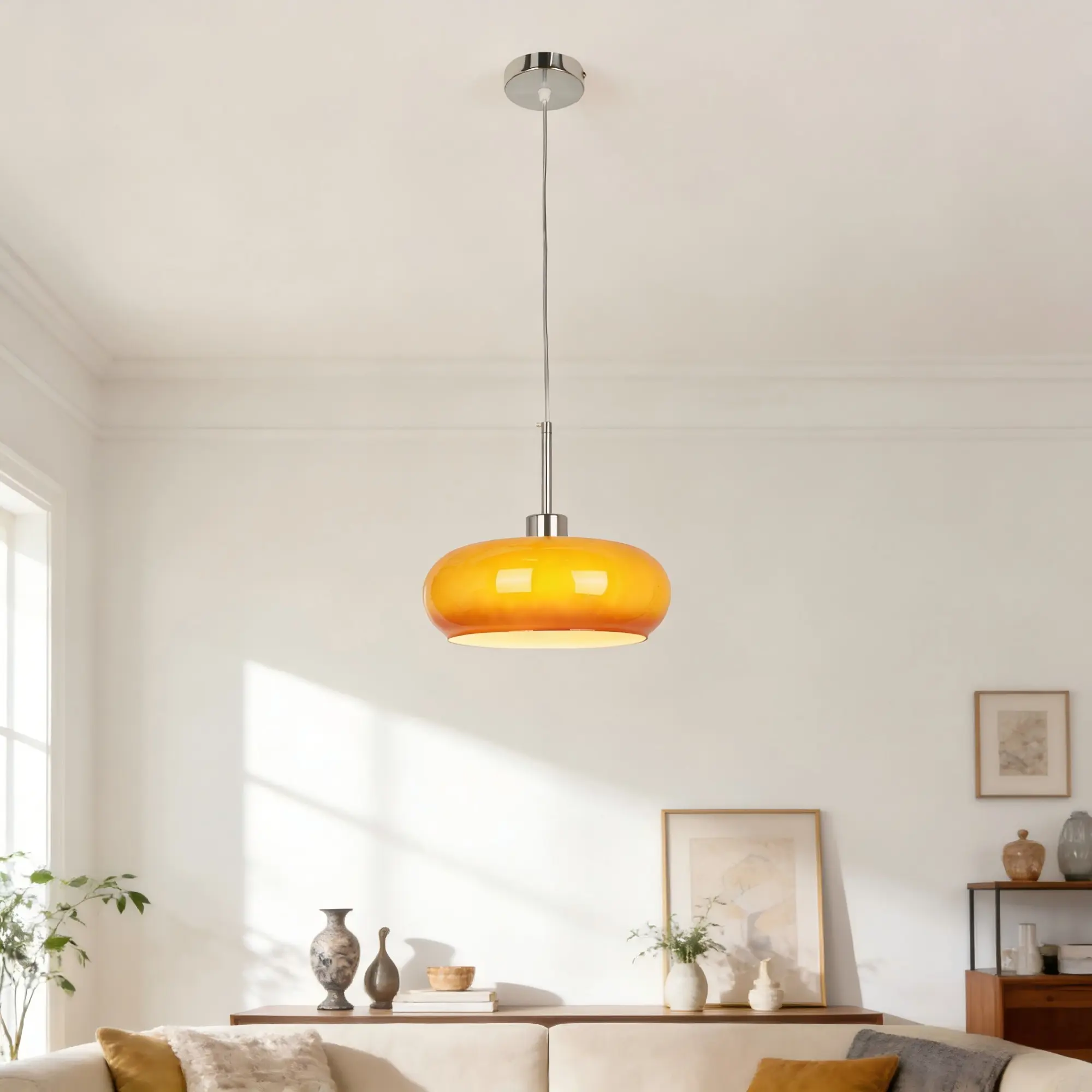 11" Mid-Century Modern Orange Glass Pendant Light, 1-Light Retro Hanging Lamp with Chrome Finish and Adjustable Cord for Kitchen Island, Dining Room and Bedroom