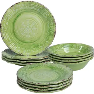 12-Piece Unbreakable Melamine Tableware Set - Luxury Thick Farmhouse Rustic Swirl Plates and Bowls, Service for 4, Green - Ideal for Outdoor, Camping Use