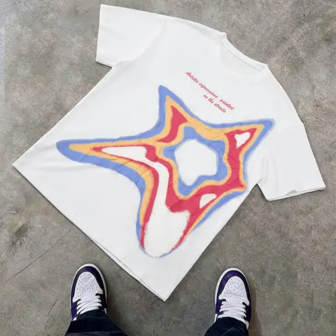 Men's Regular Fit Star, Letter, Geometric Print Round Neck Tee, Casual Athletic Breathable Short Sleeve Crew Neck Knit Long T-Shirt for Summer, Fashion Men's Top for Daily Wear, Clothes, Streetwear, Garment, Fabric