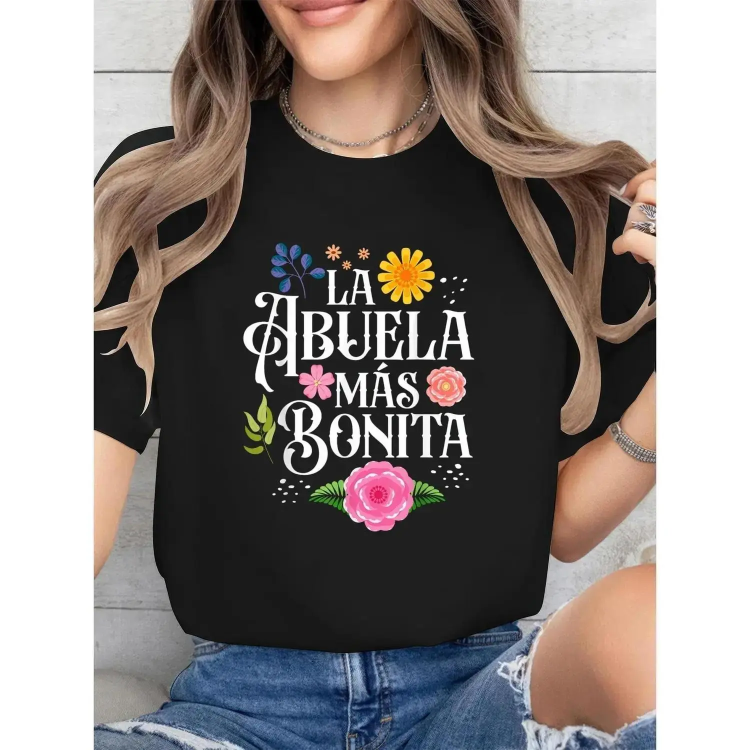Hispanic Grandmother T-Shirt for Mother's Day Featuring La Abuela Mas Bonita Floral Print Casual Round Neck Top Vibrant Colors on Black Machine Washable Spring Summer Attire for Women Festive Family Gathering Comfortable Fabric Shirt