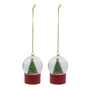2-Pack Water-Filled Resin-Glass Christmas Globe, 1.8x1.8x2.8'H with Tree & Red Base, Office & School Decoration Ornaments, Two-Pack