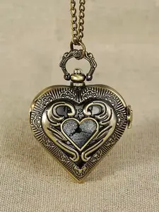 Vintage-Style Pocket Watch with Intricate Heart-Shaped Cut-Outs in Timeless Bronze