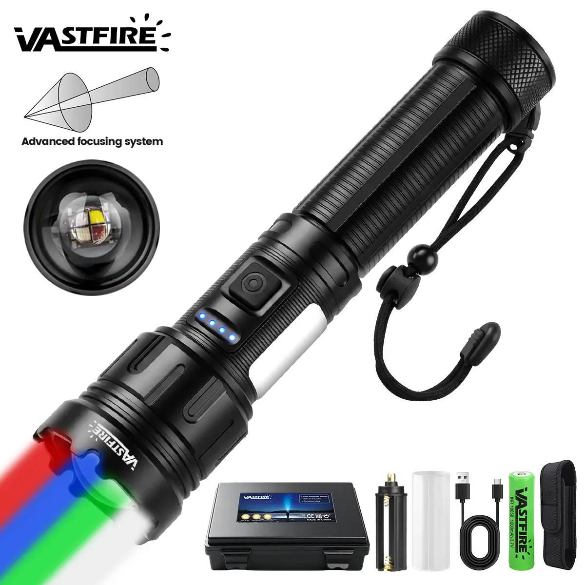 VASTFIRE 4-in-1 High Power Torch Flashlight Gift Set, 1200 Lumens Tactical Accessory, USB-C Charging, 18650 Lithium Ion Battery, Phone Charger, 4-Color Switch (Green Beam), USB Cable Included, Outdoor Gadget for Camping, Hiking