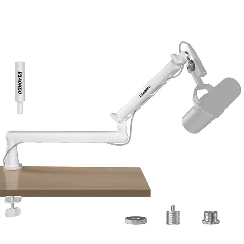 Aokeo AK-55 White Aluminum Alloy Low Profile Swivel Adjustable Durable Mic Boom Arm Stand - Low Center for Steady Mic, Cable Management, Includes Adapters (3/8"-to-5/8", 3/8" To 1/4""), 2kg Load Capacity, Streamer Setup PC Gaming Studio Desk Accessories