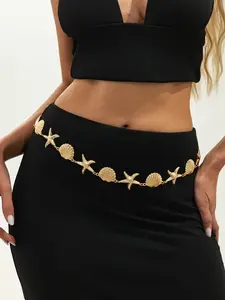 Vintage Ocean Vacation Style Metal Waist Chain, Starfish Pearl Patchwork Design, Casual Luxury Fashion Accessory for Weddings Parties