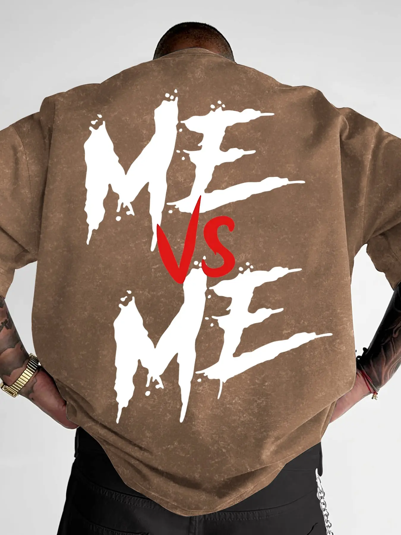 Men's "Me Vs Me" Motivational Graphic T-Shirt, Menswear Washed Vintage Fashion Streetwear Tee, Oversized Text Print Casual Top #MeVsMeTee #WashedVintageTee #MotivationalStreetwear #OversizedGraphicTee #TikTokMadeMeBuyIt