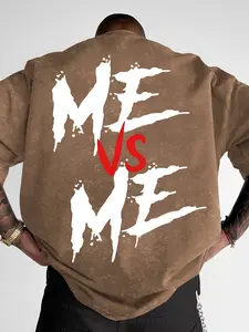 Men's "Me Vs Me" Motivational Graphic T-Shirt, Menswear Washed Vintage Fashion Streetwear Tee, Oversized Text Print Casual Top #MeVsMeTee #WashedVintageTee #MotivationalStreetwear #OversizedGraphicTee #TikTokMadeMeBuyIt