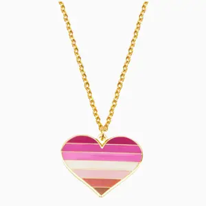 Lesbian Heart Necklace with Heart Pendant, Chain Design, Colorful Stripes, Gold Finish, Elegant and Vibrant Style