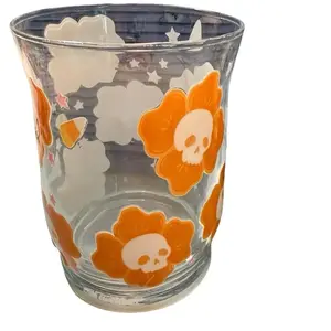 2 Glass candle holder skull flowers