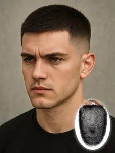 Men'S Buzz Cut Hair Wig, Polyurethane Base, Real Human Hair Top Black Super Short Hair Topper Replacement System, Men'S Hair Thinning Repair Product, Tough Guy Buzz Cut Style.
