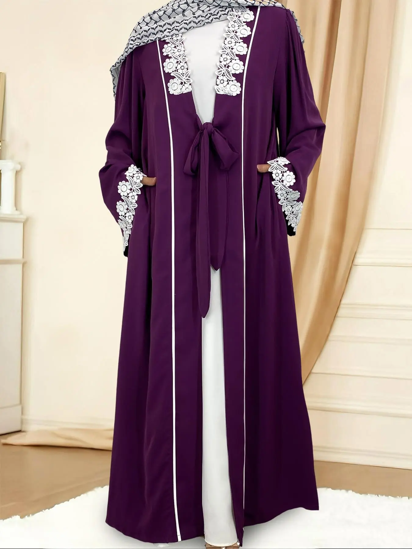 Women's Floral Embroidery Long Sleeve Lounge Dress, Modest Comfortable Open Front Kimono Robe, Ladies Sleepwear for All Seasons, Modesty Muslim Clothing, Muslim Women Gowns