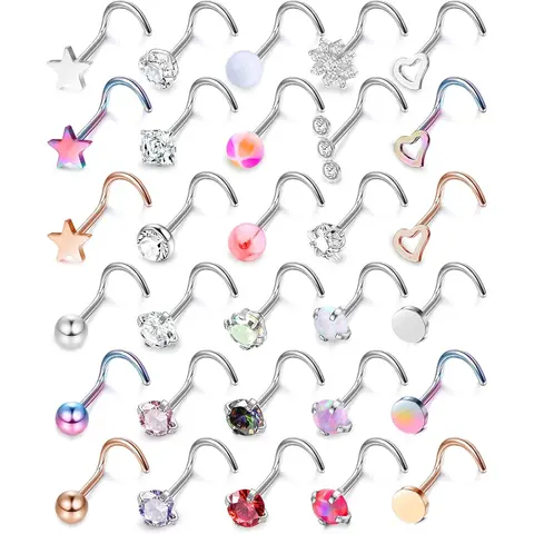 Milacolato Unisex Affordable Nose Piercing Set (30 Pieces) - 18G/20G 316L Stainless Steel Hypoallergenic Jewelry, 18G(1.0mm) I-Shaped Studs, Cubic Zirconia, Graphic Geometric Designs, Straight/L-Shaped/Corkscrew Styles, Cute Everyday Bling Body Jewelry