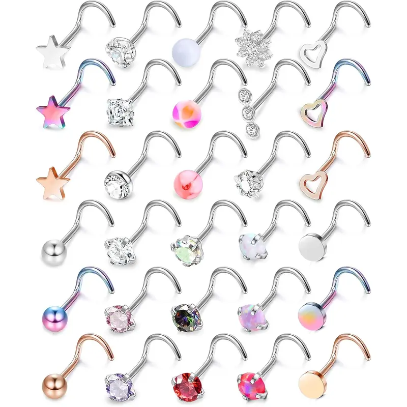 Milacolato Unisex Affordable Nose Piercing Set (30 Pieces) - 18G/20G 316L Stainless Steel Hypoallergenic Jewelry, 18G(1.0mm) I-Shaped Studs, Cubic Zirconia, Graphic Geometric Designs, Straight/L-Shaped/Corkscrew Styles, Cute Everyday Bling Body Jewelry