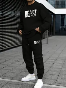 Men's Casual Letter Print Hoodie Set, Round Neck Long Sleeve Top + Drawstring Jogger Pants, Fall & Winter Fitted, 2 Piece Pack