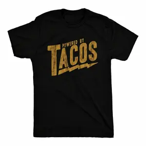 Mens Powered by Tacos Graphic Tee Vintage Wash Funny Food Lover Short Sleeve Crewneck Streetwear Casual Summer Shirt for Taco Tuesday Fiesta
