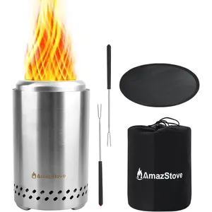 Spinning Flame Tabletop Fire Pit by , Low Smoke Stove Outdoor Safe Burning Firepits, Fueled Pellets or Wood, Travel Bag&mat&Forks Included, 10 x 6 Silver
