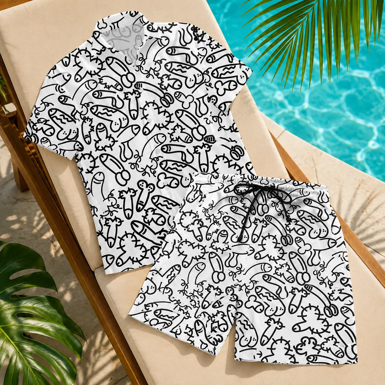 Men's Funny Cheeky Doodle Hawaiian Shirt and Shorts Set Tropical Beach Party Outfit