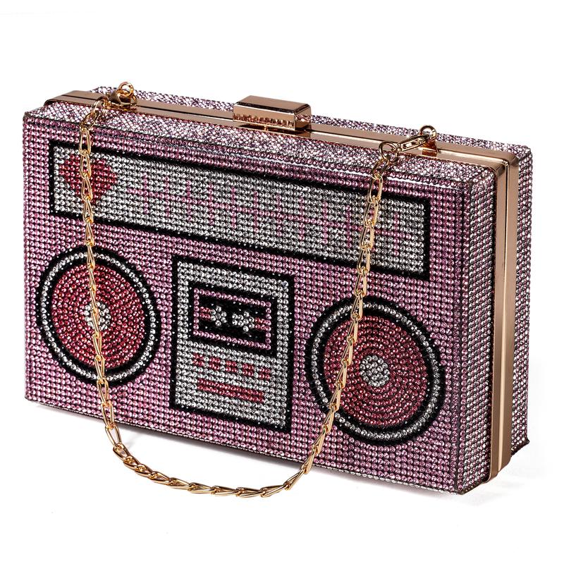 Women Retro Pink Radio Shape Crossbody Bag Rhinestone Metal Vintage Evening Clutch Purses