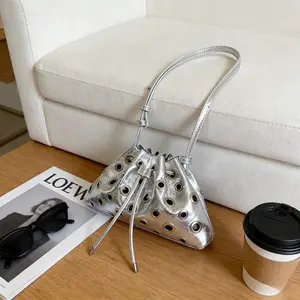 Studded Drawstring Bucket Bag for Women – Metallic PU Leather Crossbody & Shoulder Bag with Mini Coin Pouch, Street Style Handbag