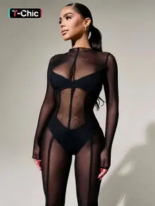Women's Solid Mesh Patchwork Sheer Long Sleeve Jumpsuit, Round Neck Back Zipper Up See Through Slim Fit One-piece Set, Sexy Party Club Date Music Festival Night Out Jumpsuits Overalls For Ladies Spring Fall Winter Clothes Wear Rompers Jumpsuit