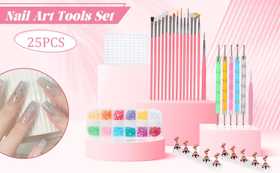 25PCS Lightweight Professional Nail Art Tools Kit - Includes Brushes, Stand, Dotting Tools, Striping Liner Drawing Pens, Jelly Glue, Tweezers & Sequins for Nail Beauty Care